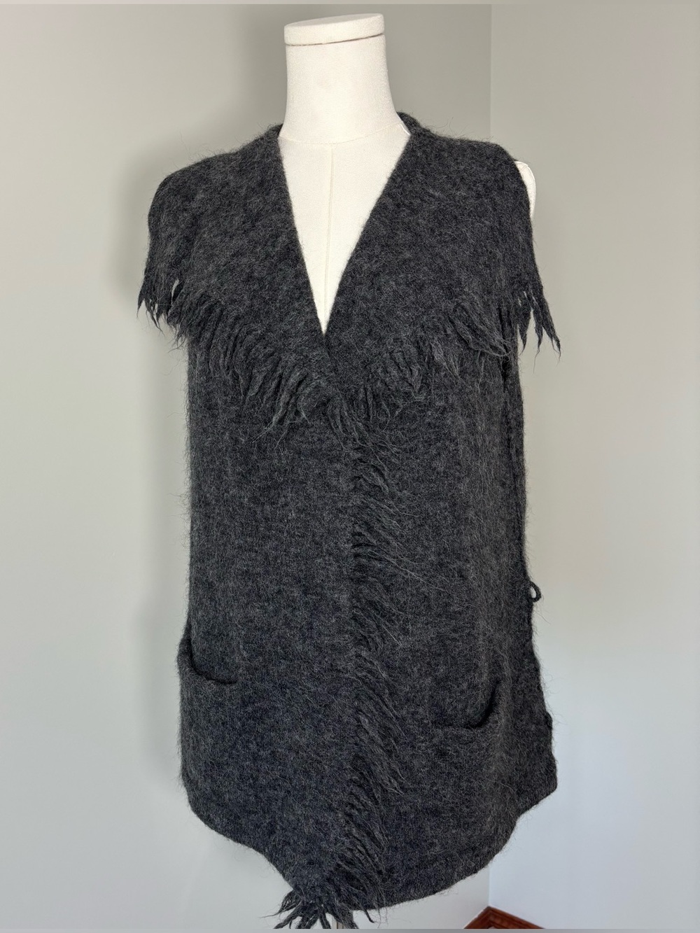Wilfred Free Fei Fei Alpaca Wool Fringe Sweater Vest Charcoal Gray Size S